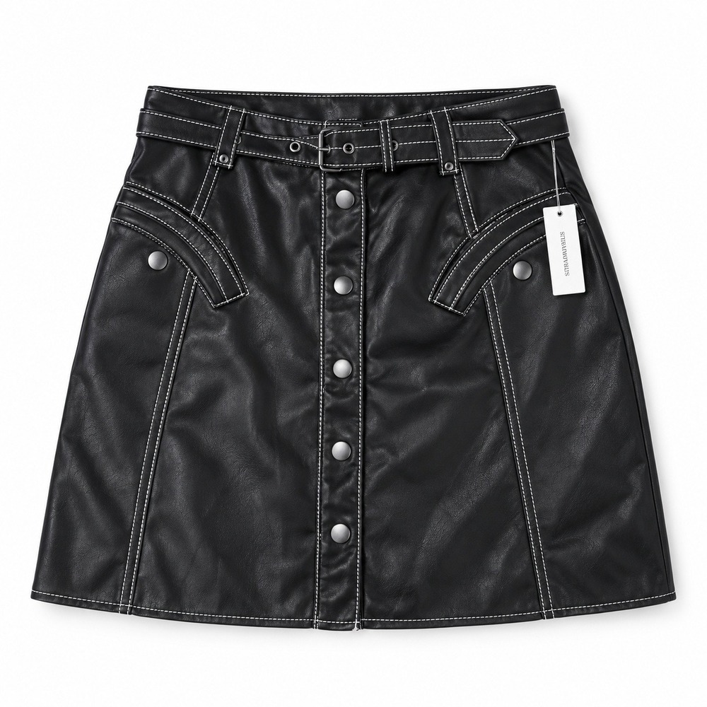 Maeve Anthropologie Black Faux Leather Western Mini Skirt Belted Stitch 6